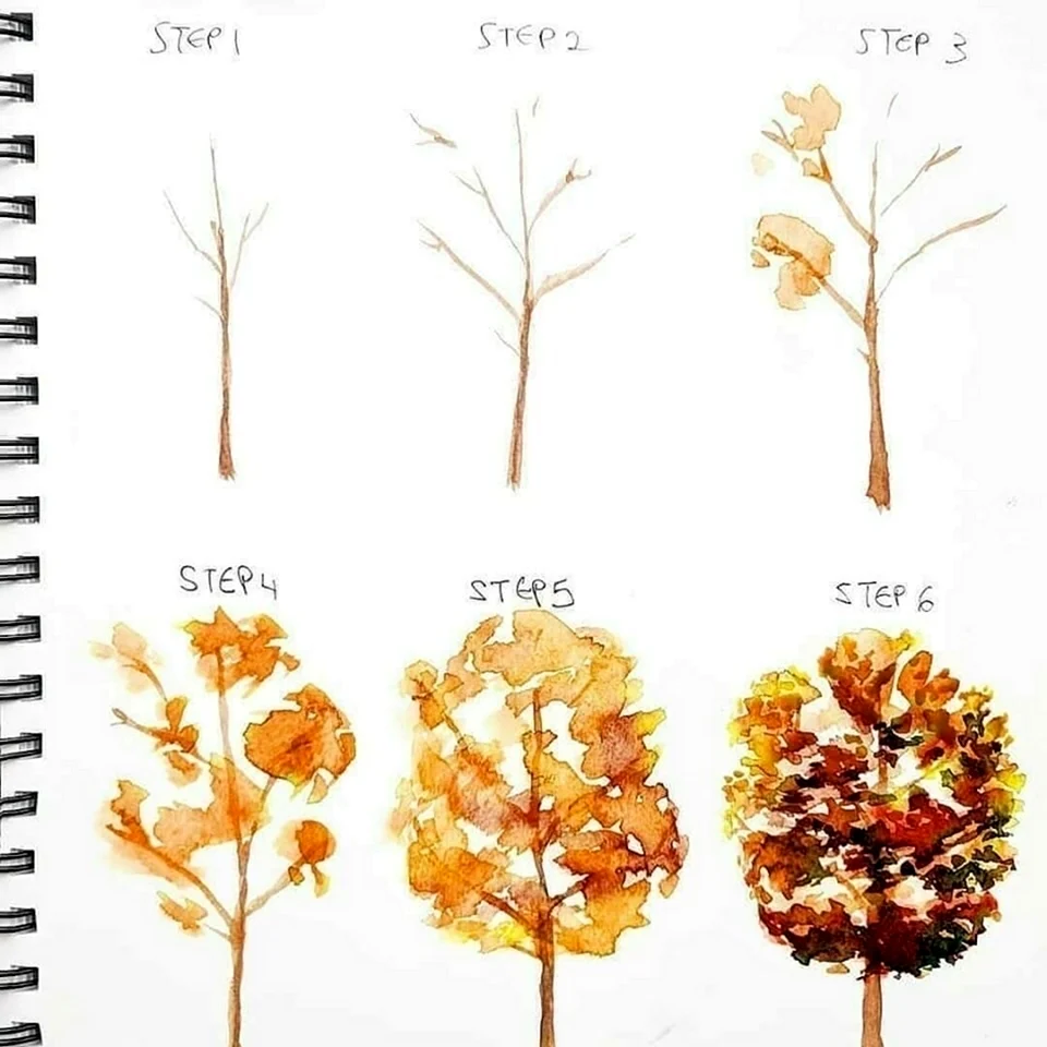 Акварель деревья осенью