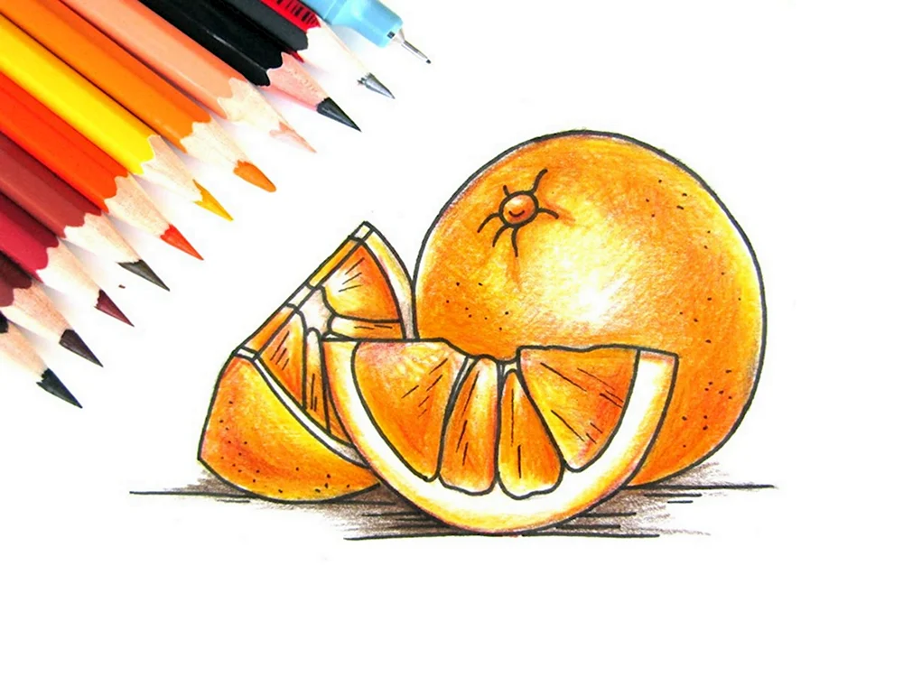 Апельсин цветными карандашами