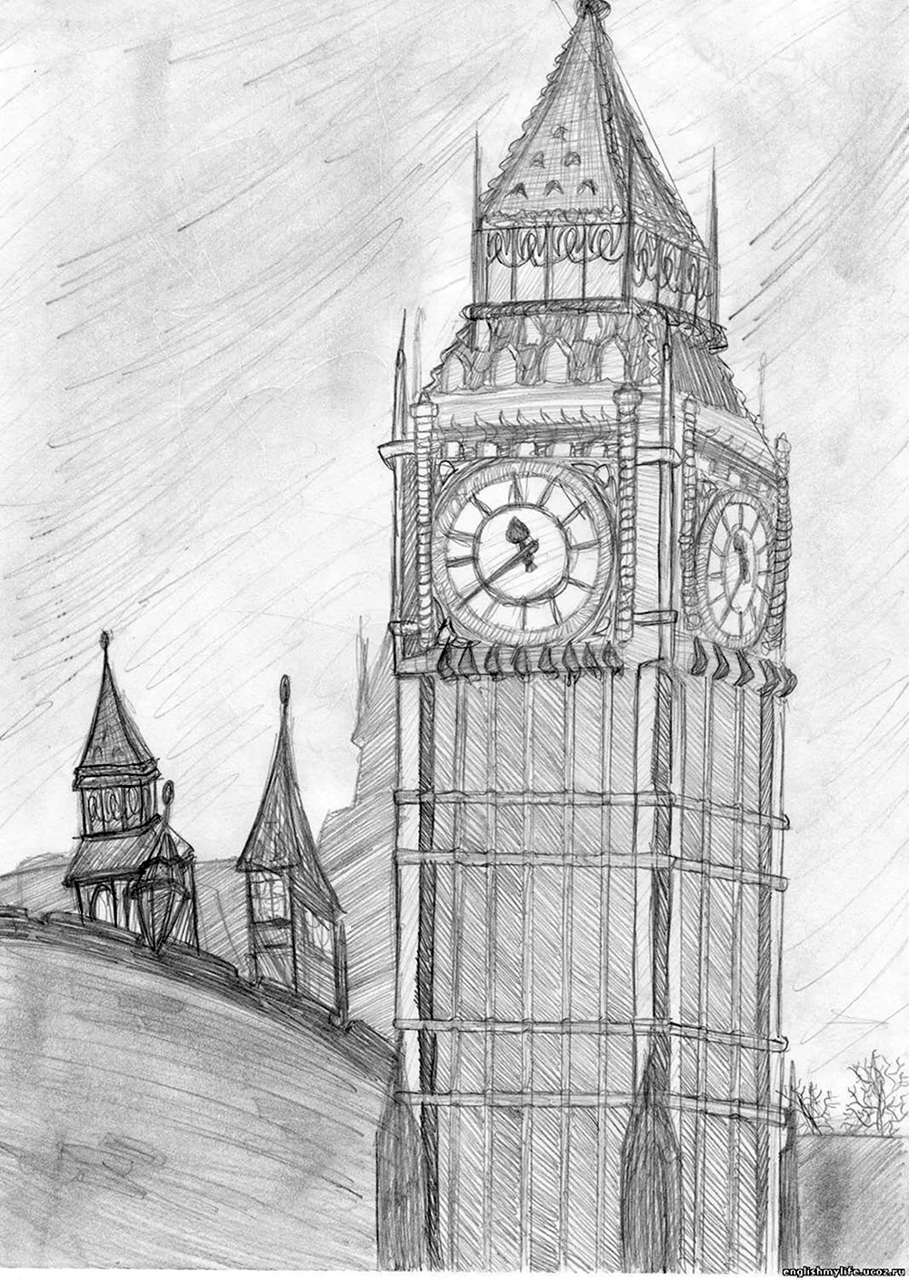 Биг Бен Лондона нарисовать карандашом