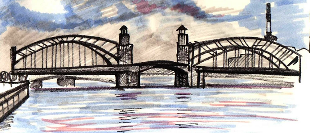 Большеохтинский мост Санкт-Петербург карандашом