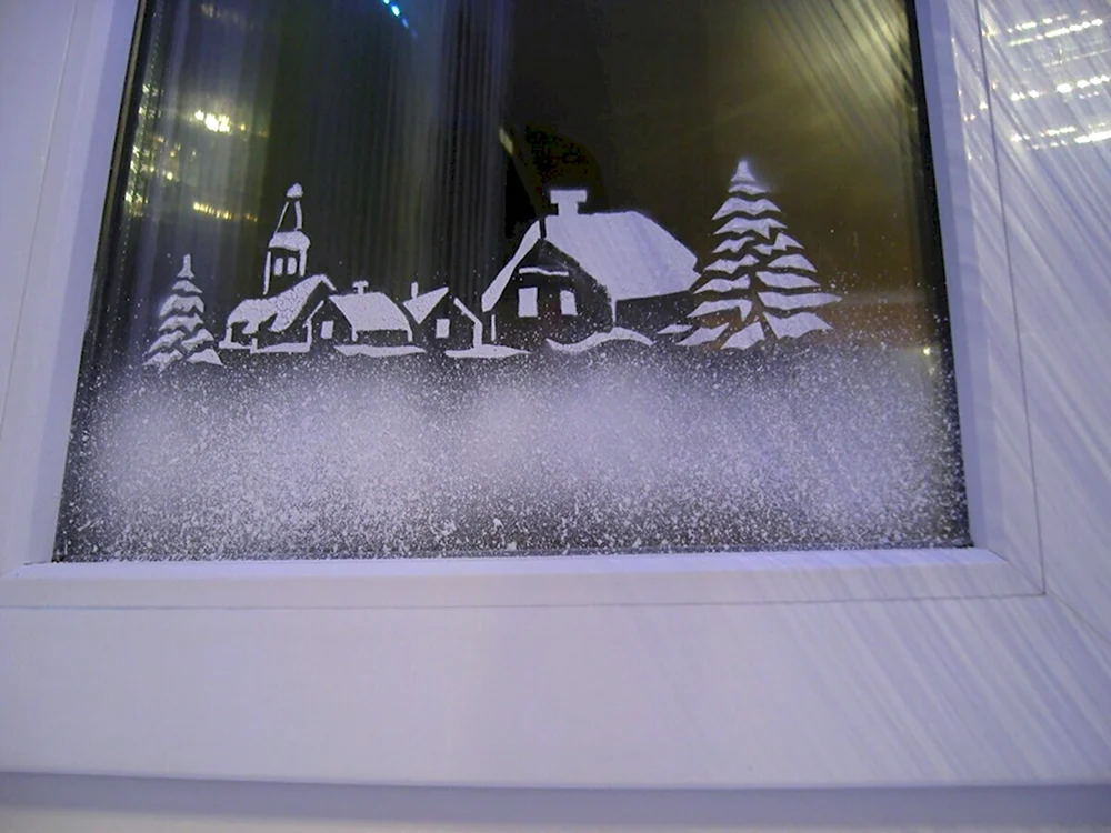Декор окна на новый год снегом