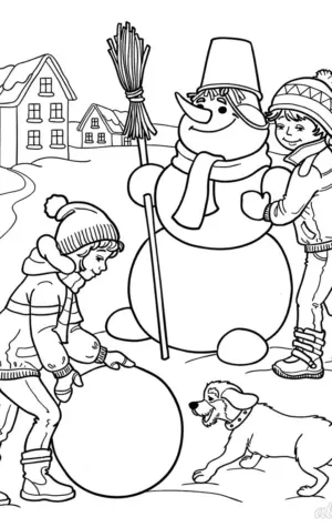 Дети лепят снеговика черно белые