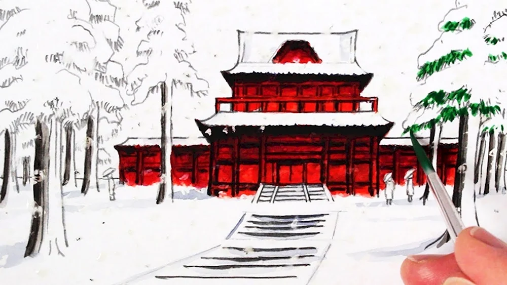 Японский храм рисовать