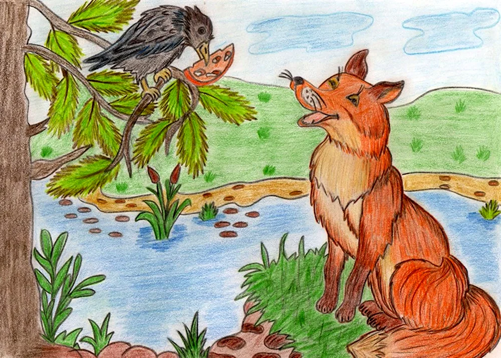 Иллюстрация к басне Эзопа ворон и лисица