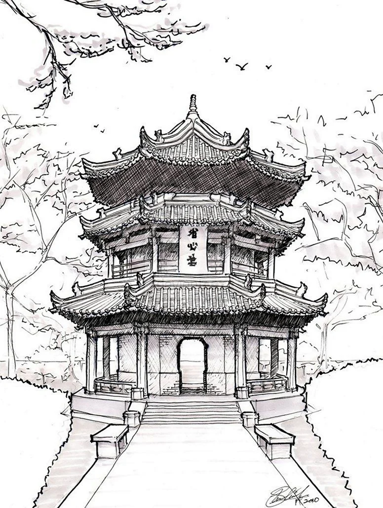Храм Хигаси Хонгандзи Япония рисунок карандашом