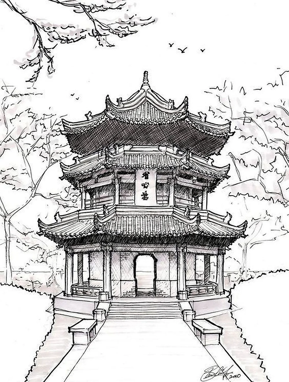 Храм Хигаси Хонгандзи Япония рисунок карандашом