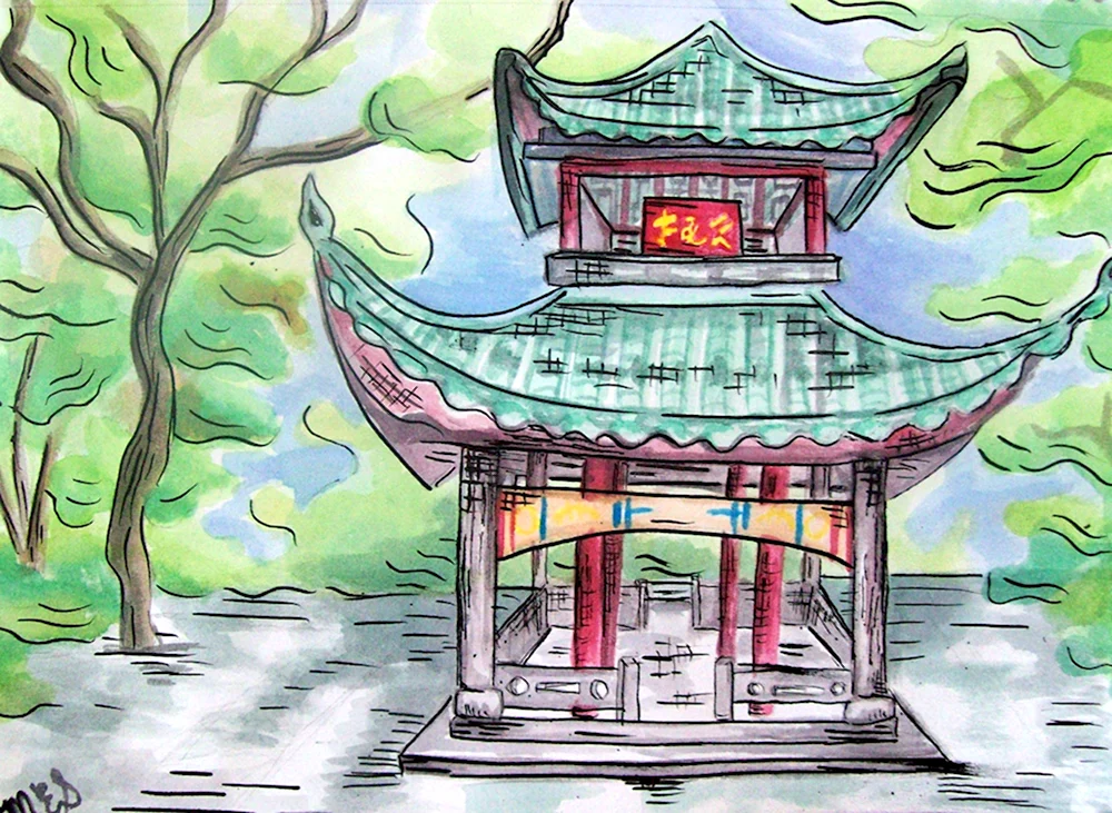 Храм пагода в Японии рисунок