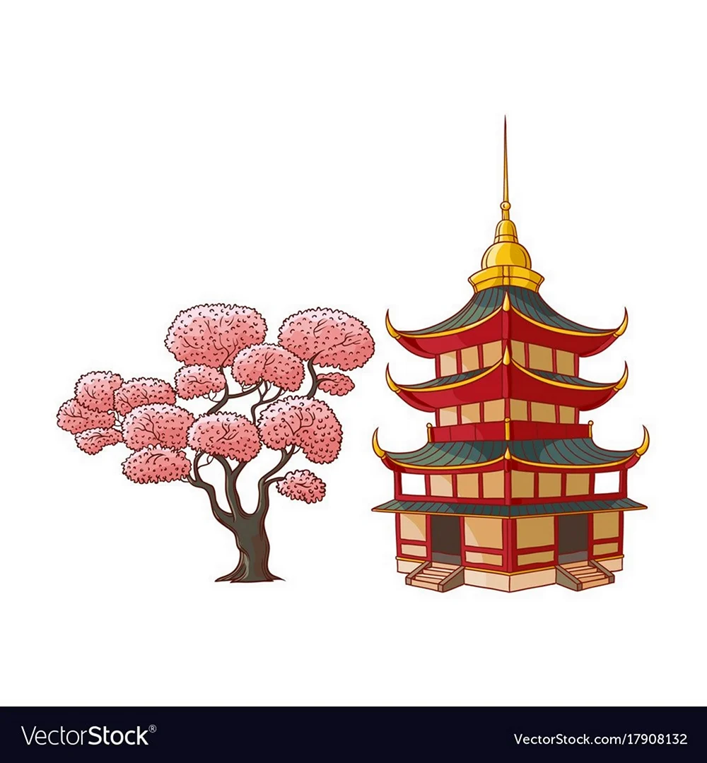 Китайский домик в цвете нарисованный