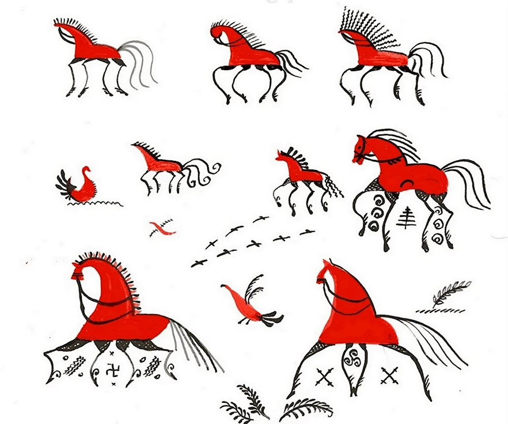 Красный конь в мезенской росписи