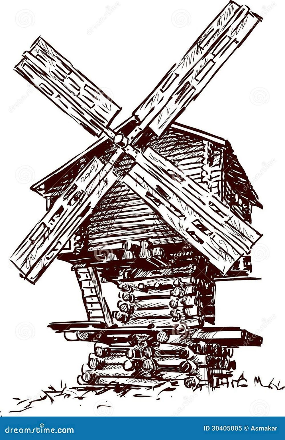 Мельница деревянная иллюстрация