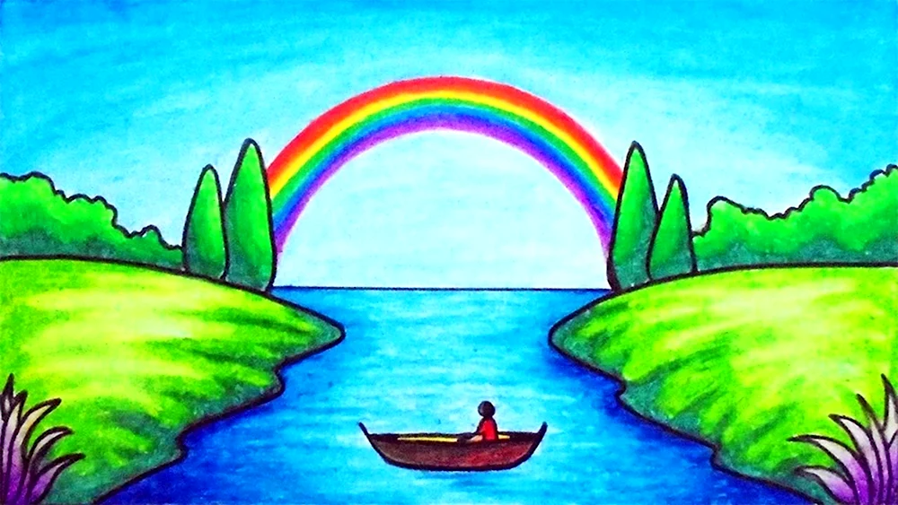 Пейзаж с радугой рисунок