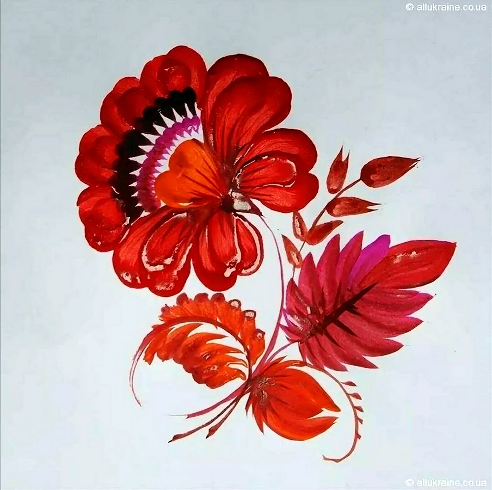 Петриковская роспись три крупных цветка в полосе