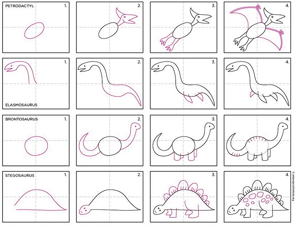 Поэтапное рисование динозавра для детей