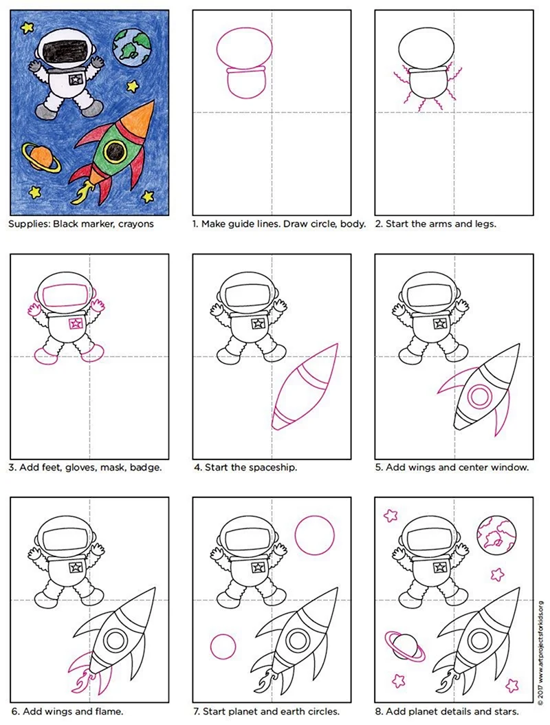 Поэтапное рисование Космонавта для детей