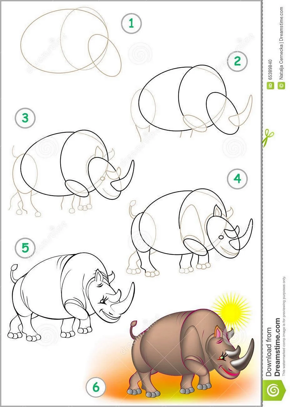 Поэтапное рисование носорога для детей