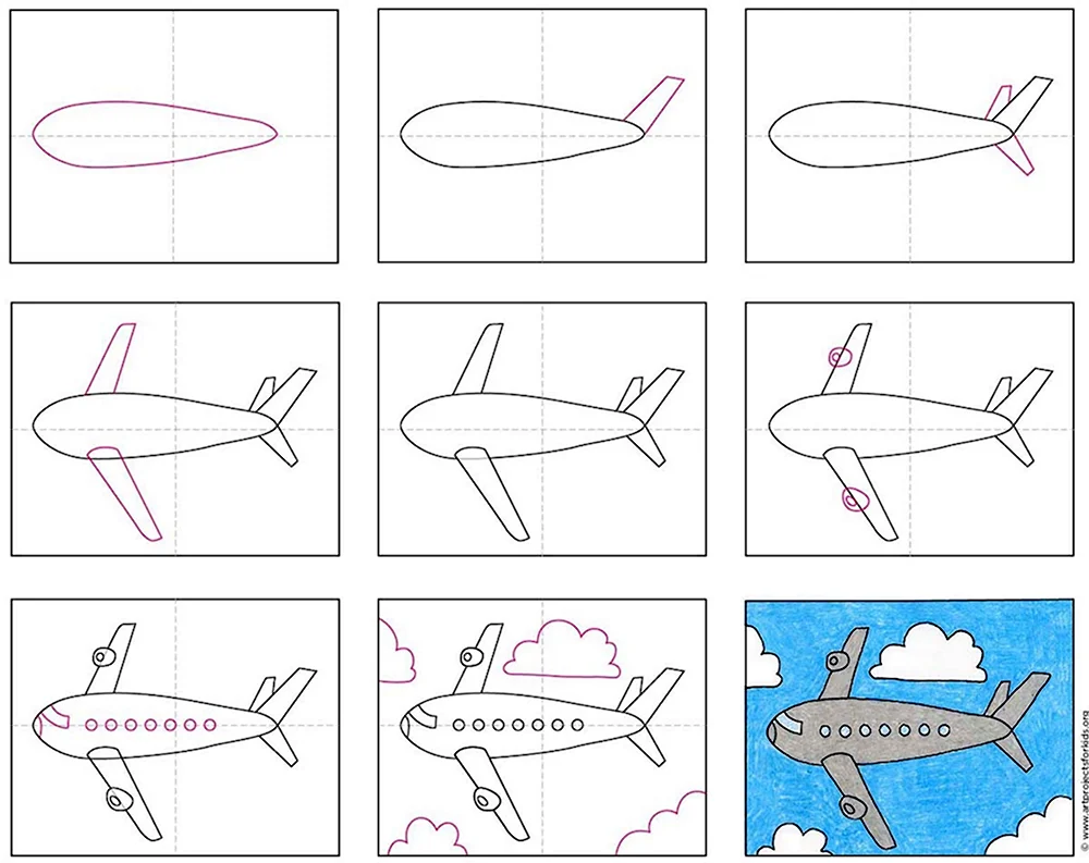 Поэтапное рисование самолета для детей