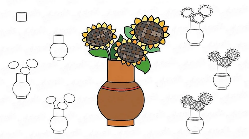 Поэтапное рисование вазы с цветами