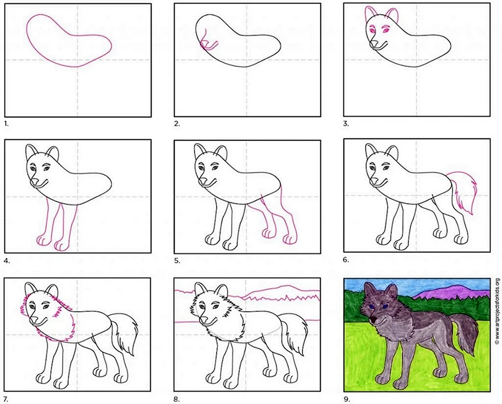 Поэтапное рисование волка для дошкольников