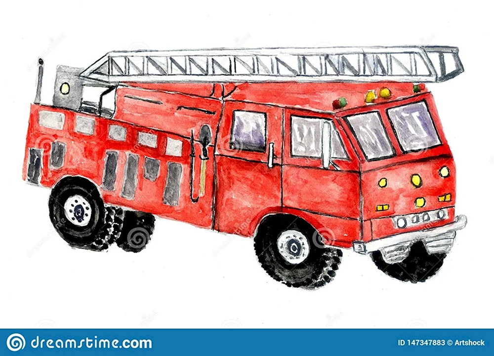 Пожарная машина акварель