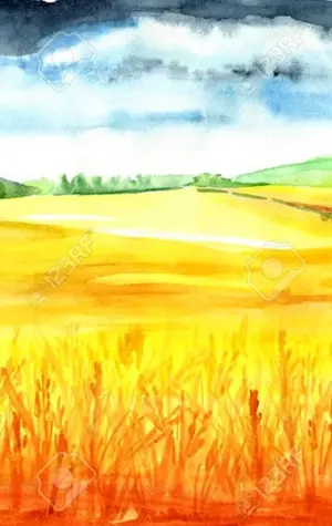 Пшеничное поле акварелью