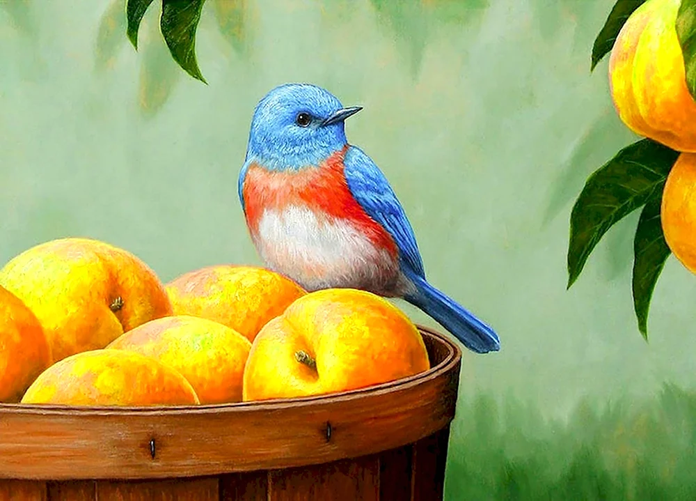 Птицы на персиках в живописи