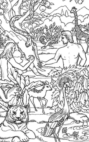 Раскраска адам и ева в Эдемском саду
