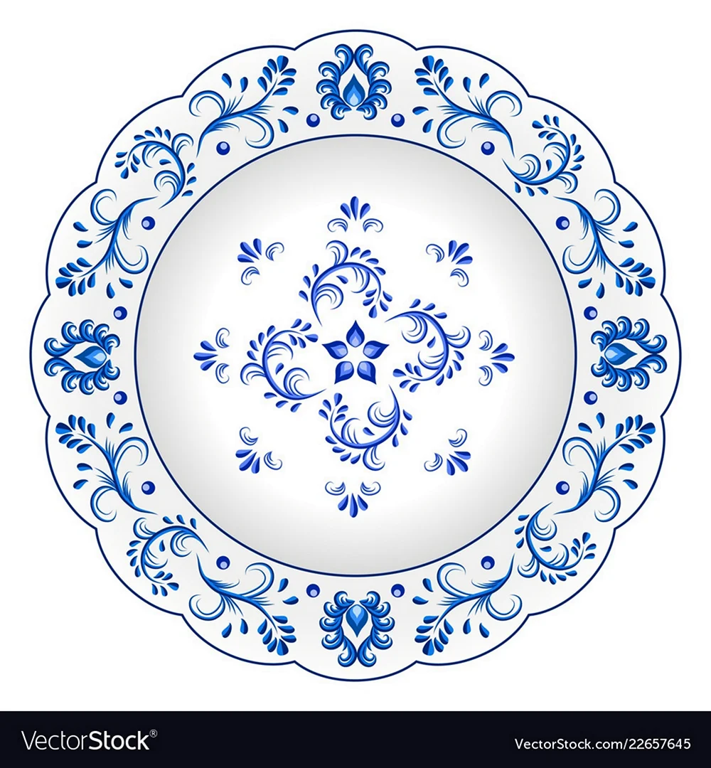 Растительный орнамент на тарелке Гжель