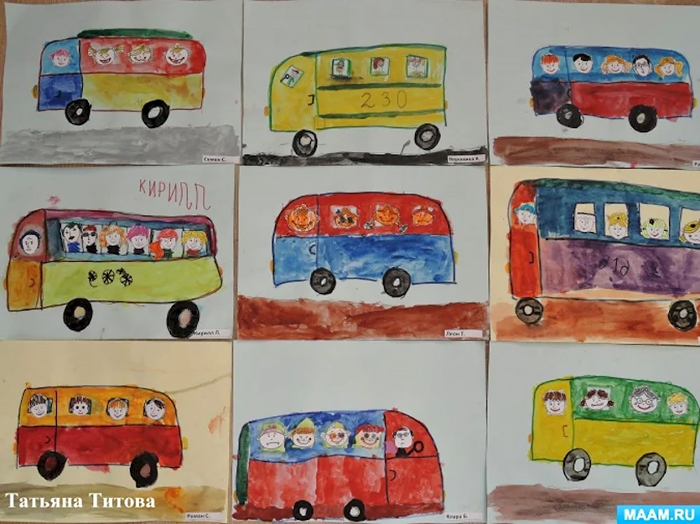 Рисование автобус украшенный флажками едет по улице Комарова