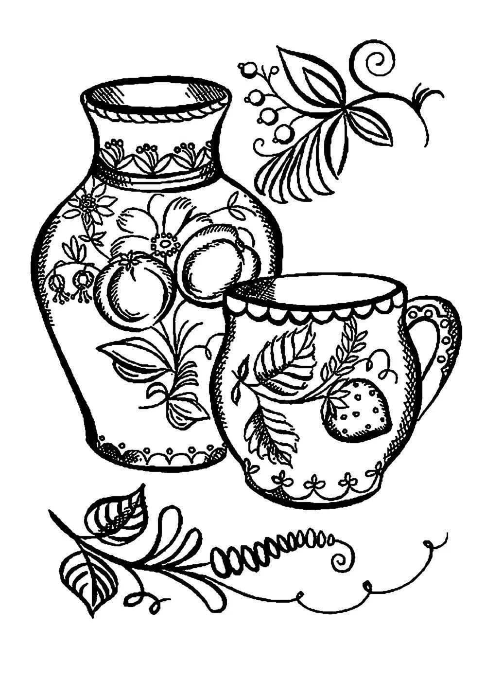 Рисунок посуды росписи Гжель и Хохлома