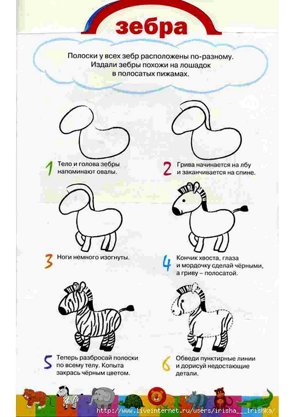 Схема поэтапного рисования зебры для дошкольников