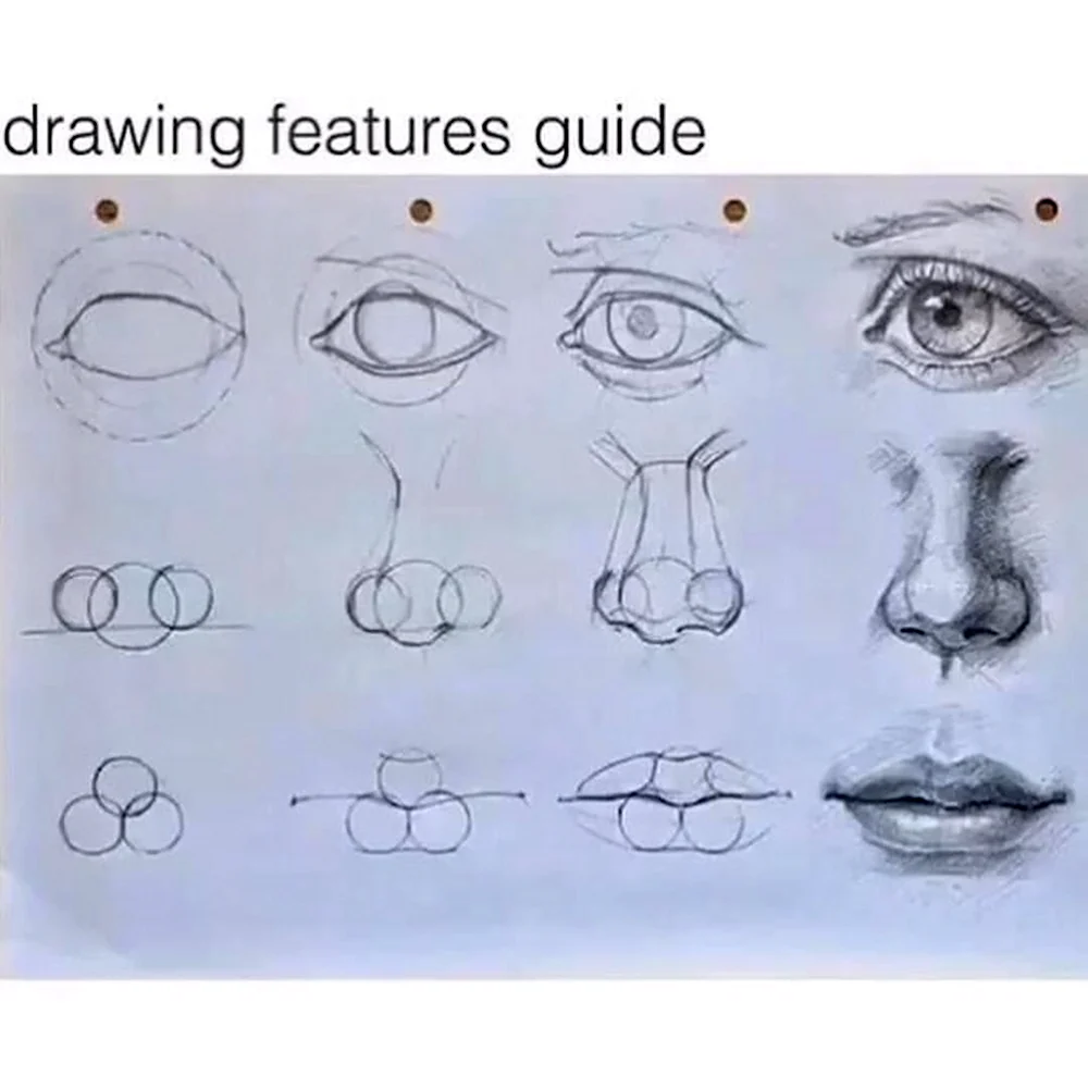 Схема рисования носа и губ и глаз