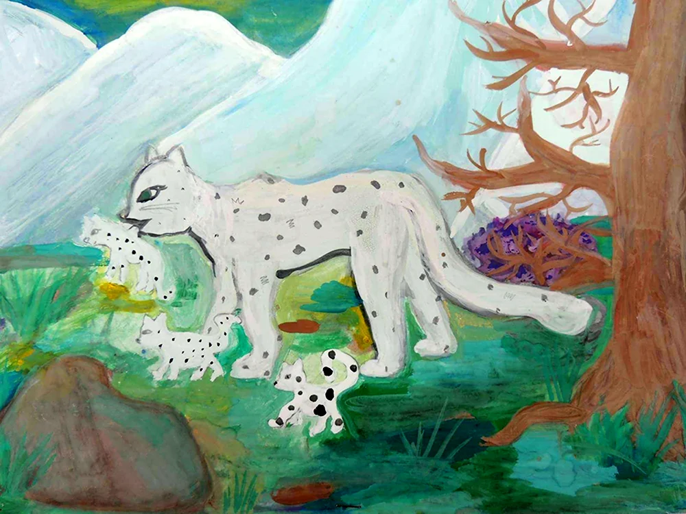 Снежный Барс рисунок красками для детей