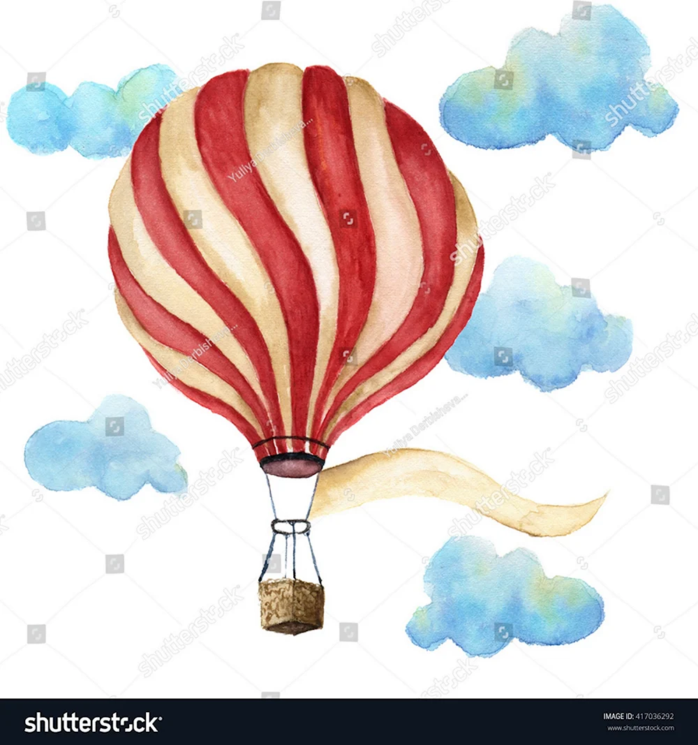 Воздушный шар с корзинкой акварелью