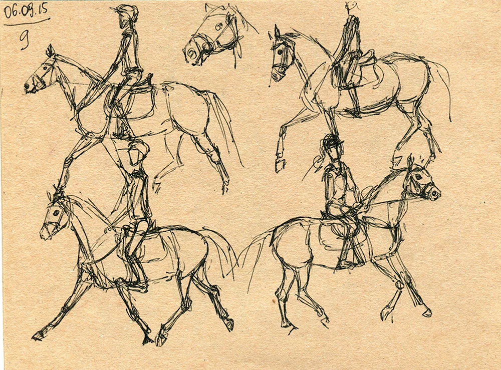 Зарисовки композиционные люди на лошадях