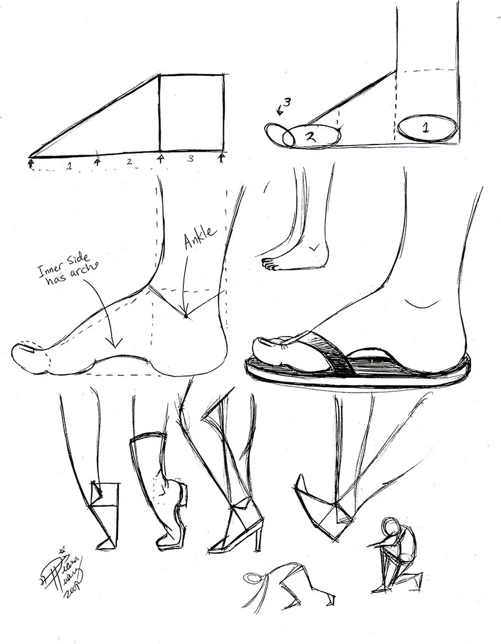 Зарисовки обуви и ноги человека