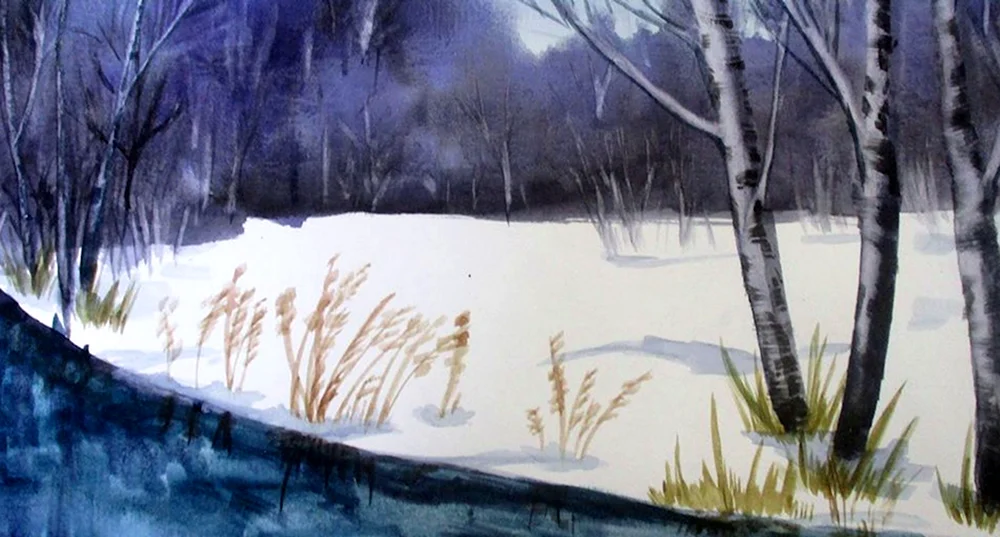 Зимний пейзаж поэтапное рисование акварелью
