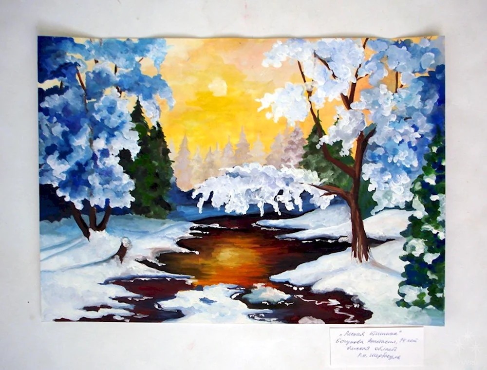 Зимний пейзаж рисунок гуашью