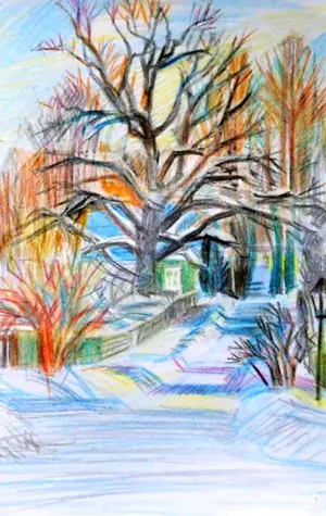 Зимний пейзаж цветными карандашами