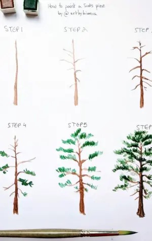Этапы рисования дерева акварелью