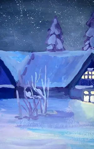 Ночной зимний пейзаж гуашью