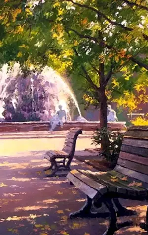 Парк с фонтаном и лавочками в Москве