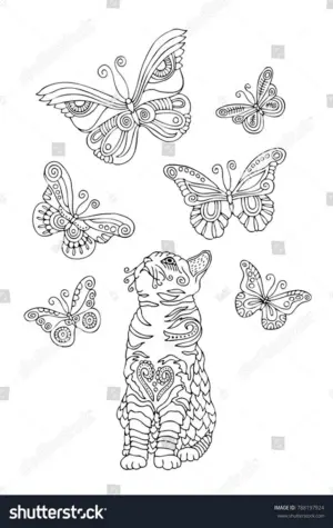 Раскраска котик с бабочкой