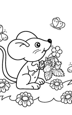 Раскраска мышка с цветочком