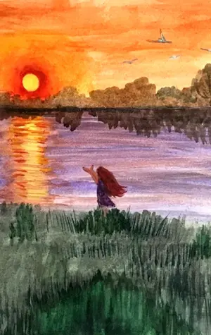 Рисование заката на реке