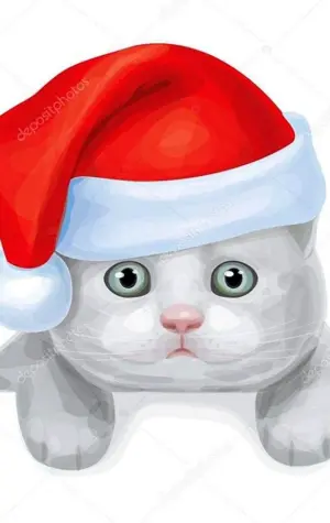 Котик с новогодней шапочкой рисуночек