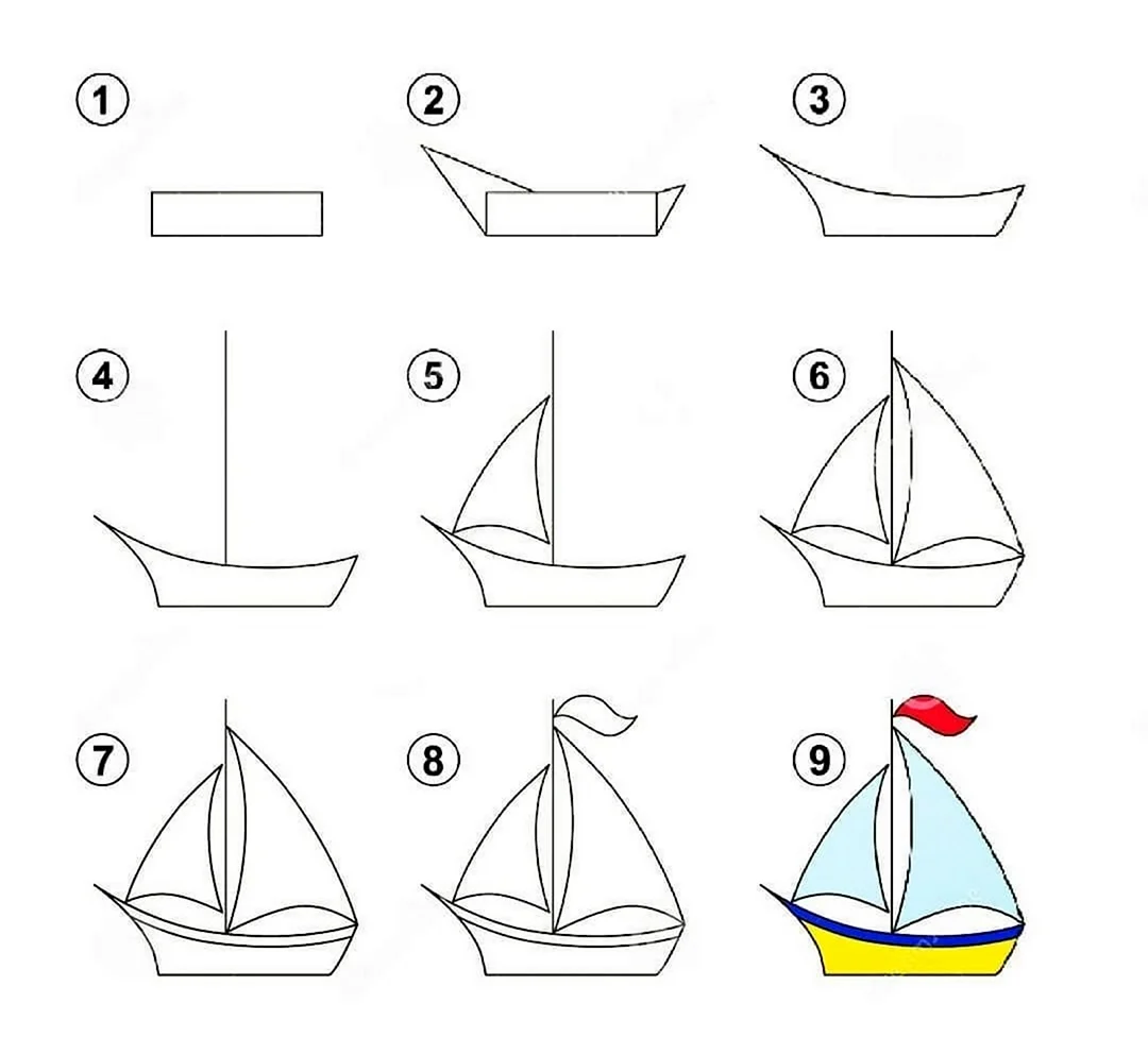 Поэтапное рисование кораблика