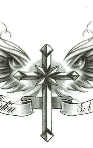 Тату крест с крыльями на груди