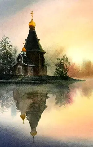 Церковь Андрея Первозванного на реке Вуокса туман акварель