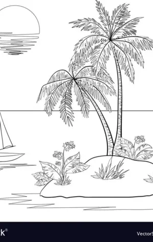 Пальма и море рисунок карандашом